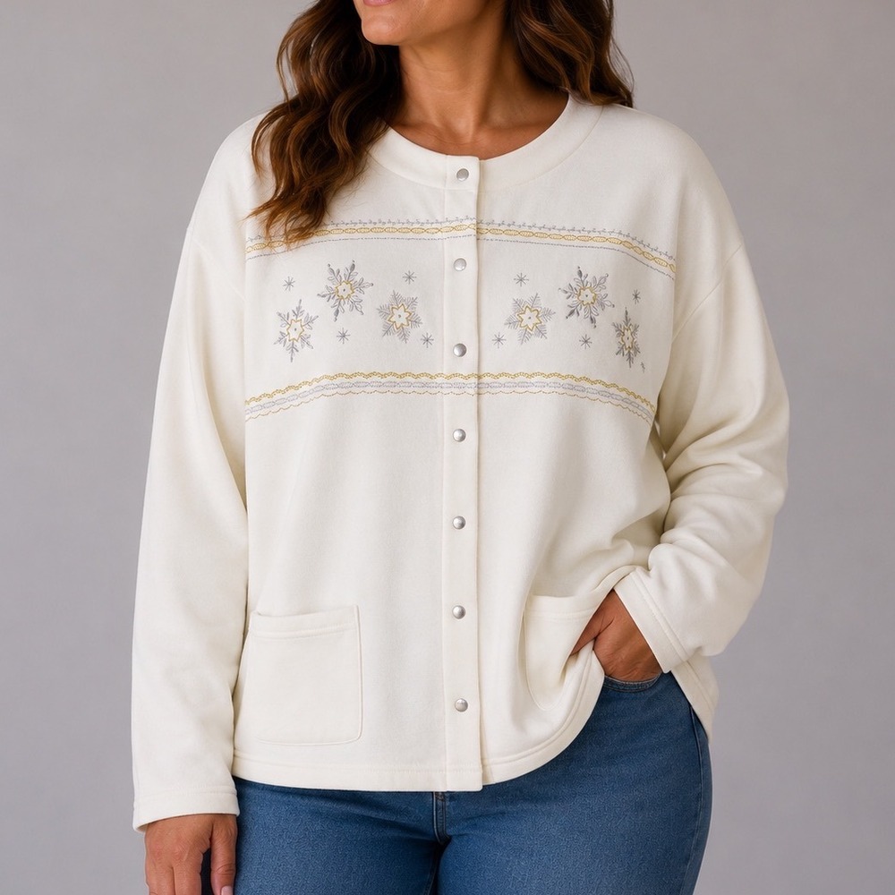 VTG‎ Kim Rogers PXL Snowflake Pearl Snap Cardigan Sweatshirt Winter Cottagecore